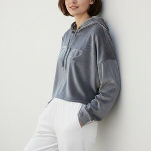 Juicy Couture XL Y2K Velour Cropped Hoodie Gray Rhinestone Logo Lounge